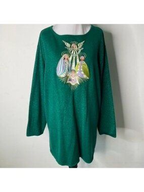 Bob Mackie Wearable Art Christmas Sweater Green Nativity Scene Baby Jesus 1X